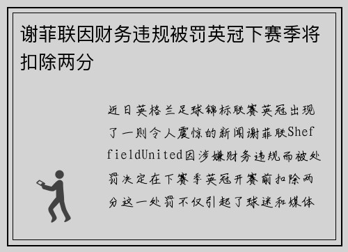 谢菲联因财务违规被罚英冠下赛季将扣除两分 谢菲联因财务违规被罚英冠下赛季将扣除两分