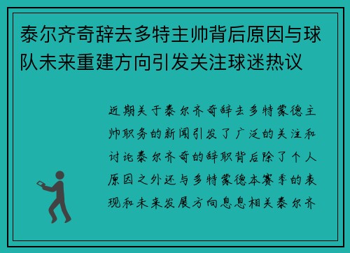 泰尔齐奇辞去多特主帅背后原因与球队未来重建方向引发关注球迷热议 泰尔齐奇辞去多特主帅背后原因与球队未来重建方向引发关注球迷热议